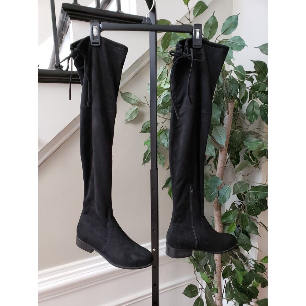 Womens Thigh-High Anora Boot Size 8 Black Suede Block Heel Almond Toe Comfort